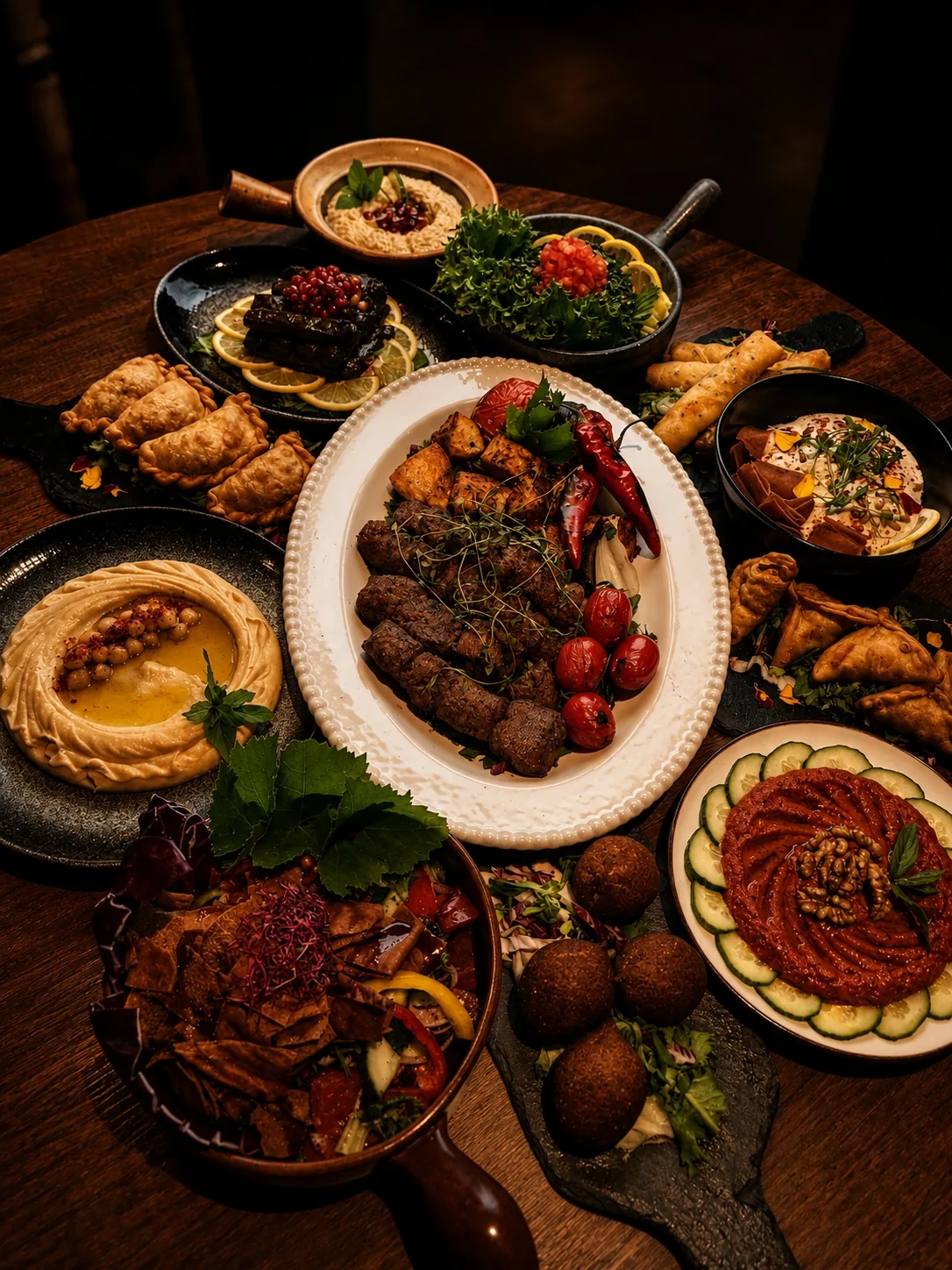 Generöst mezebord med grillat som mittpunkt