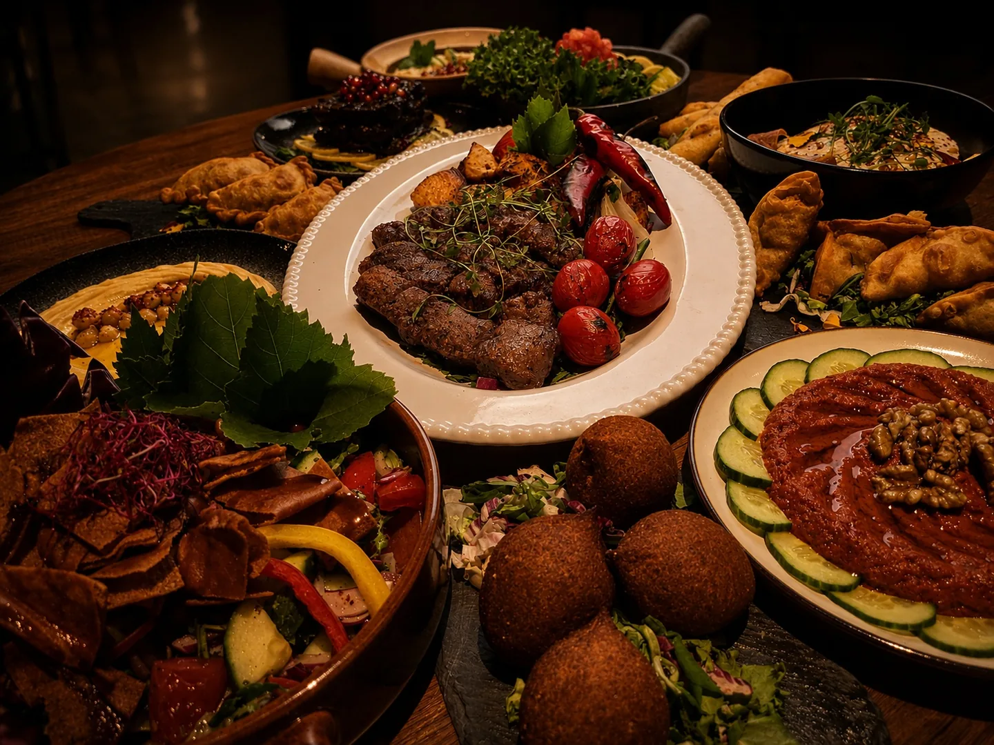 Grillad kötträtt omgiven av mezefavoriter