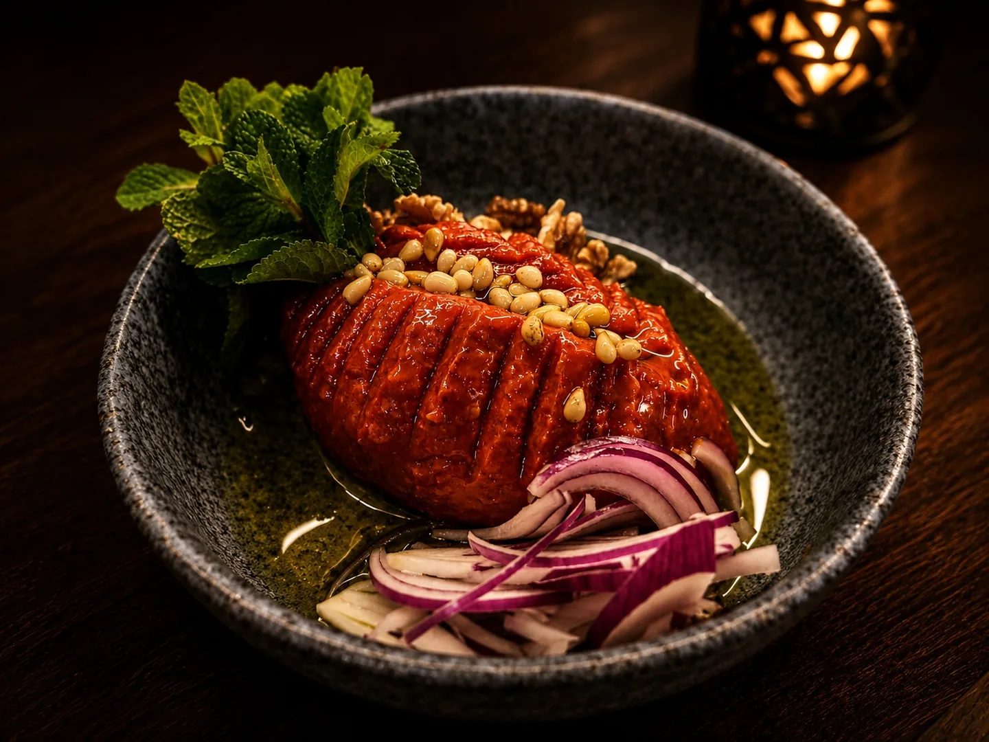Kryddig kibbe neje med pinjenötter, rödlök och mynta