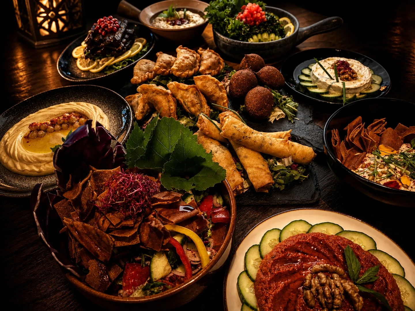 Mezebord med piroger, falafel och färska sallader