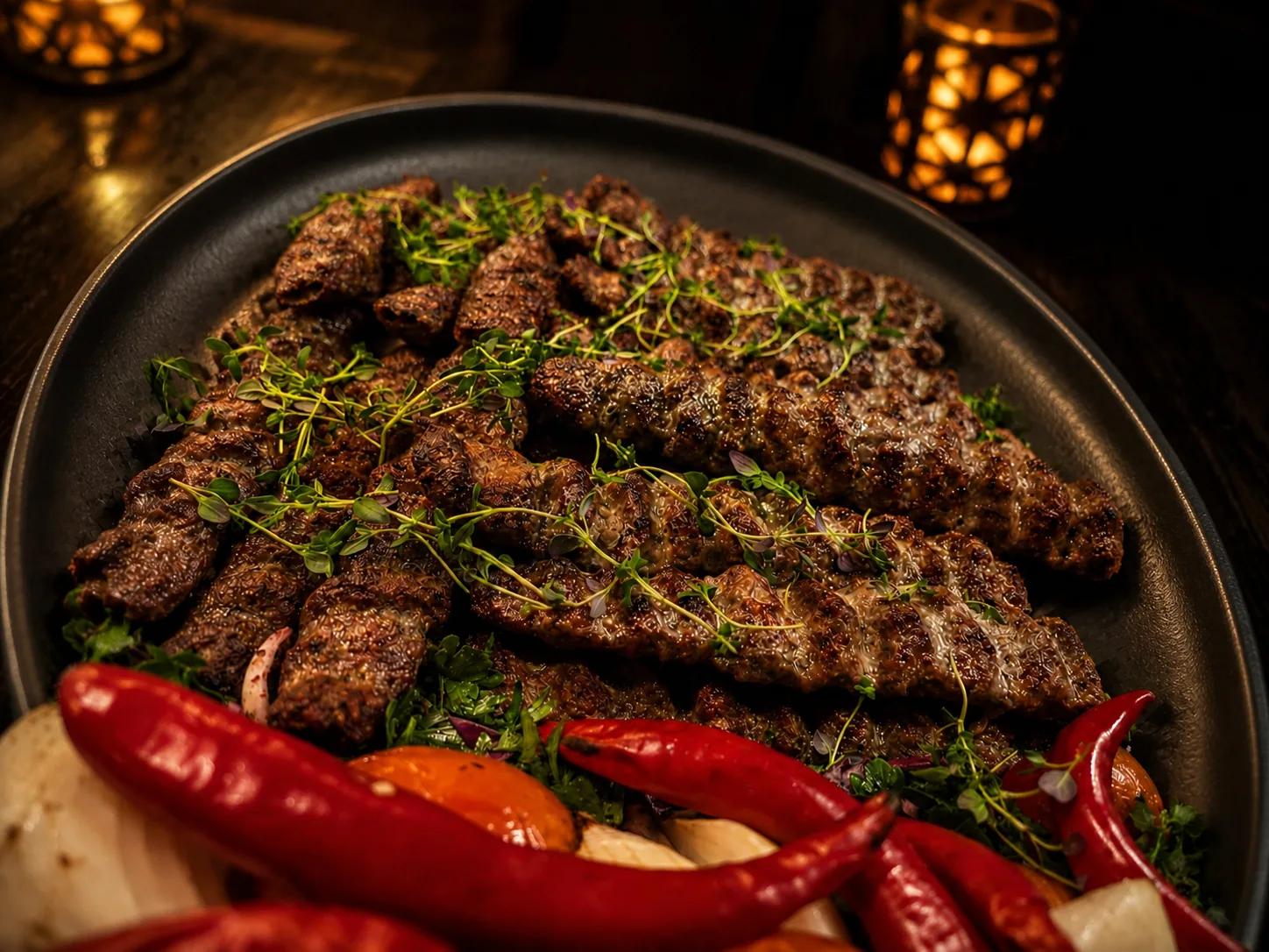 Nygillade köttfärsspett på mörkt serveringsfat
