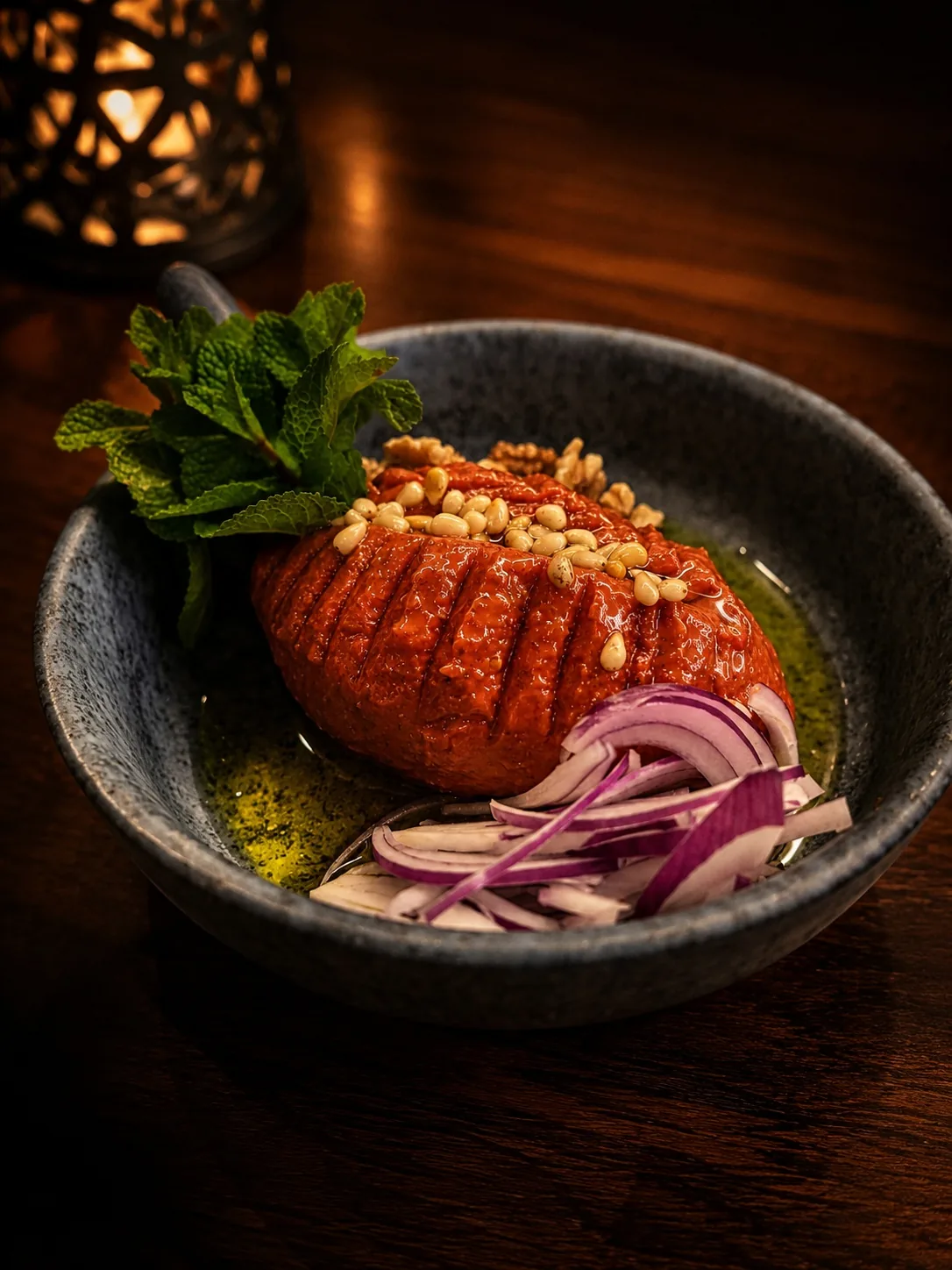 Kibbe neje med pinjenötter, rödlök och mynta