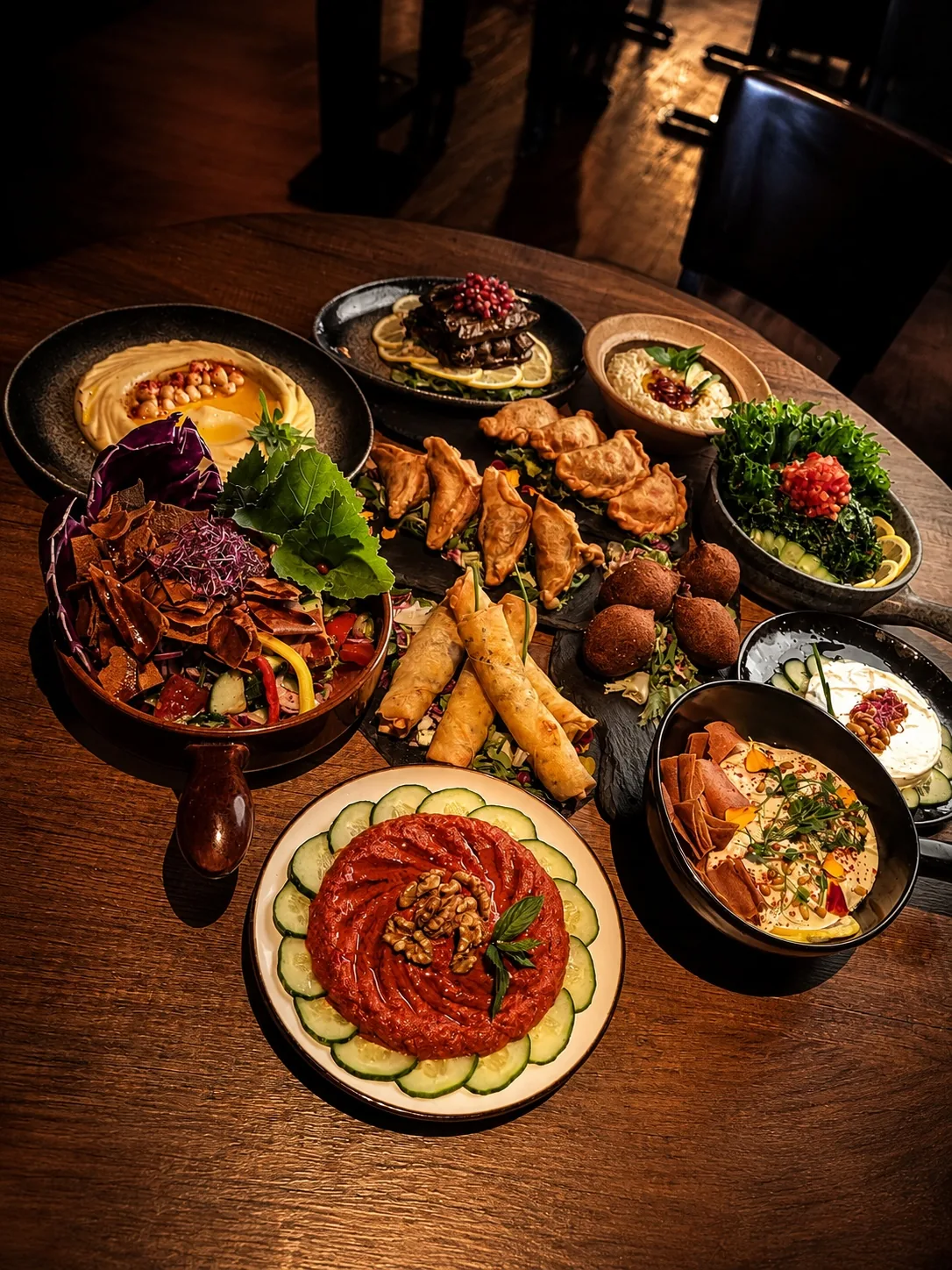 Libanesiskt mezebord fotograferat uppifrån