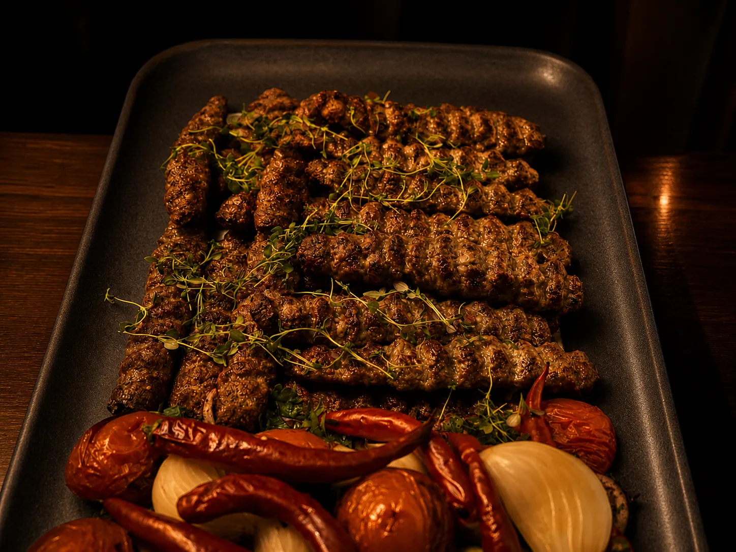 Grillade köttfärsspett med paprika, tomat och örter på mörkt serveringsfat